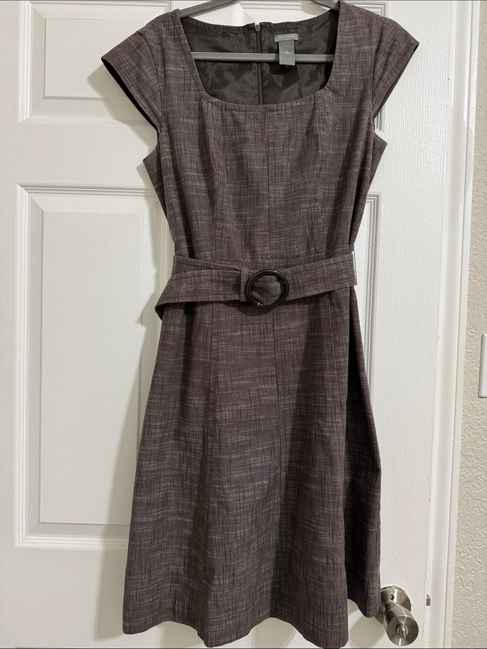 Ann Taylor Brown Textured Belted Square-Neck Midi Dress